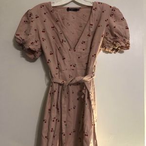 Pink cherry mock wrap dress